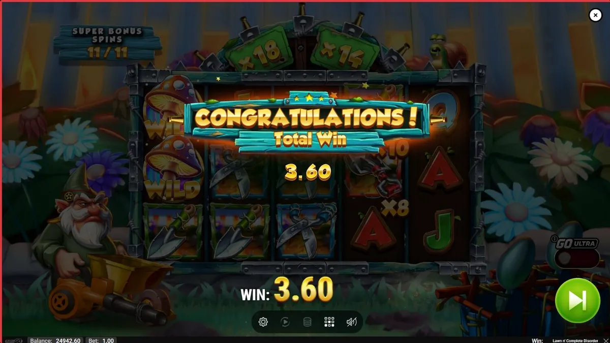 Tampilan visual slot Lawn N’ Complete Disorder dengan tema taman yang terbakar dan kurcaci.