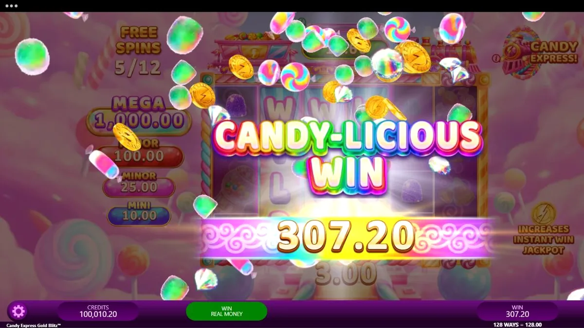 Tampilan visual slot Candy Express Gold Blitz dengan tema permen dan kereta api