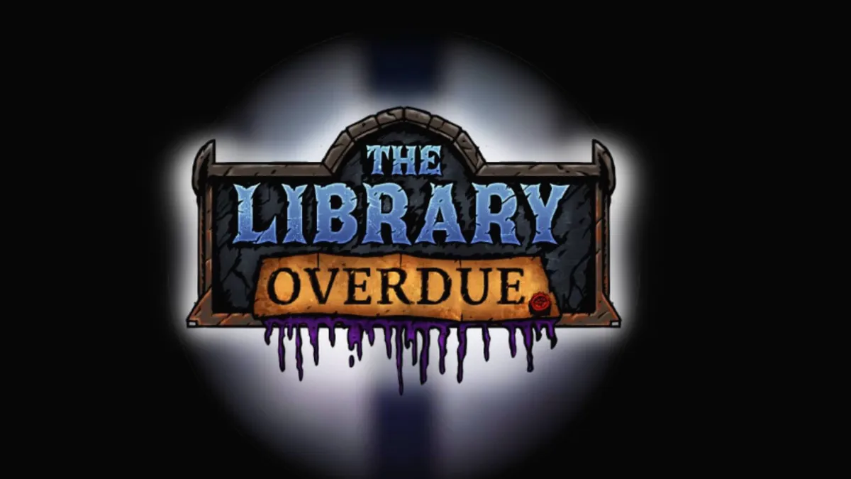 Tampilan visual slot The Library Overdue dengan tema perpustakaan gotik yang gelap.